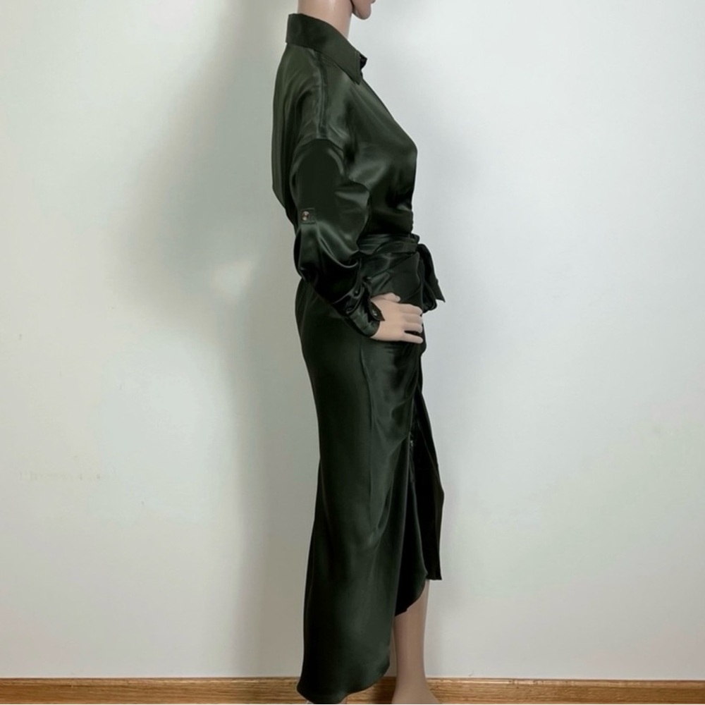 NEW DIVINE HERITAGE GREEN SILK GATHERED MIDI SHIRT DRESS - Picture 4 of 6